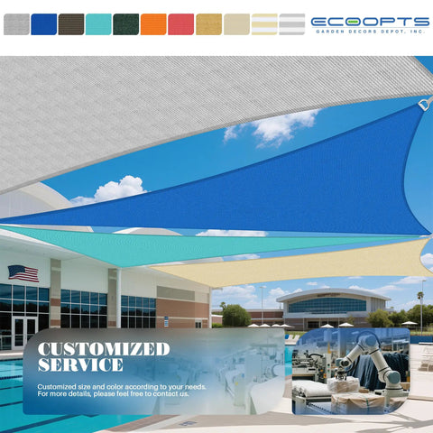 Colorful HDPE sun shade sails over outdoor patio and pool area, providing UV protection and customizable options.