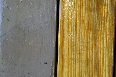 One Gallon Ready To Roll Deck Stain Stripper Cuts Straight Through Weathered Oil And Water Coats on wood surface.