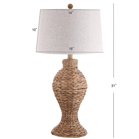 Natural Woven Water Hyacinth Table Lamp 31 Inch for Living Room Coastal Farmhouse Urn Base with Gray Linen Drum Shade LED Bulb Included