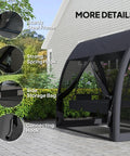 3 Seat Outdoor Patio Swing Daybed with Convertible Backrest, Cozy Cushions, Built-In Canopy, Side Pocket, Black Steel Frame