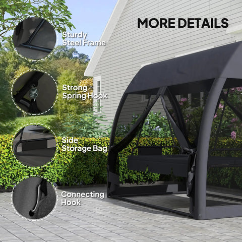 3 Seat Outdoor Patio Swing Daybed with Convertible Backrest, Cozy Cushions, Built-In Canopy, Side Pocket, Black Steel Frame