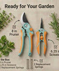 2 Pack Garden Pruning Shears And Precision Scissors Set displayed with herbs and box contents, 8 inch pruner, 6.25 inch clippers