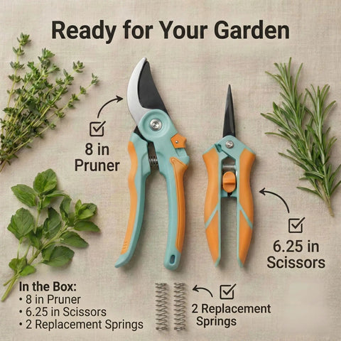 2 Pack Garden Pruning Shears And Precision Scissors Set displayed with herbs and box contents, 8 inch pruner, 6.25 inch clippers