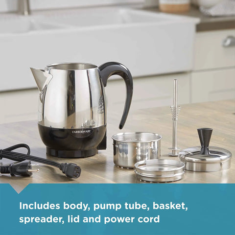Electric Coffee Percolator 4 Cup With Stainless Steel Basket No Drip Spout And Automatic Keep Warm Black Silver Finish