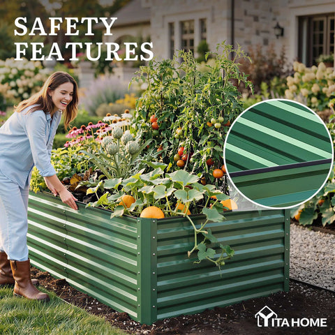 8x4x2ft Large Raised Garden Bed Kit With Galvanized Metal Planter Box And Included Gloves Ground Nails Support Rods Safety Rubber For Outdoor Above Ground Use Ideal For Vegetables Flowers And Plants Green