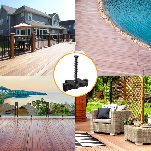 1250 Piece Set Of Universal Hidden Deck Fasteners For Composite Board Systems featuring a black nylon clip with steel screw on a wooden deck.
