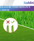 Image with a comparison of cut grass quality, showing a clean cut on the right and a frayed cut on the left with a check mark.