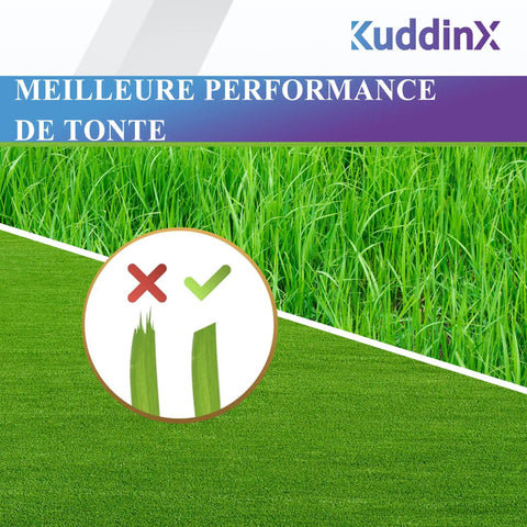 Image with a comparison of cut grass quality, showing a clean cut on the right and a frayed cut on the left with a check mark.