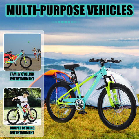 24 Inch Kids Mountain Bike For Boys And Girls Ages 8 To 12 With Front Suspension Fork next to a tent in a scenic outdoor setting