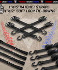 Heavy Duty Ratchet Tie Down Straps 4 Pack, 1 Inch By 15 Feet, 1,823 Pounds Break Strength, With Hooks And Handles, Built For Moving And Securing Cargo, Black displayed on textured background
