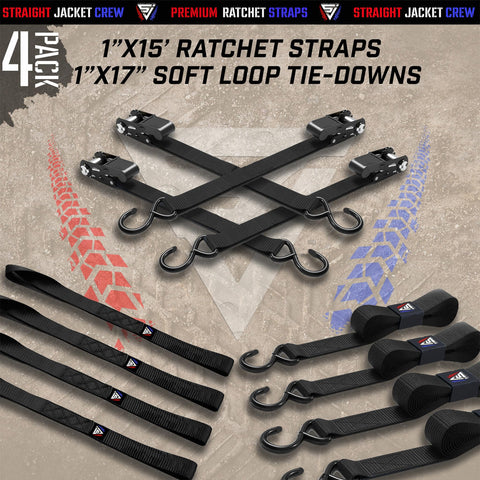 Heavy Duty Ratchet Tie Down Straps 4 Pack, 1 Inch By 15 Feet, 1,823 Pounds Break Strength, With Hooks And Handles, Built For Moving And Securing Cargo, Black displayed on textured background