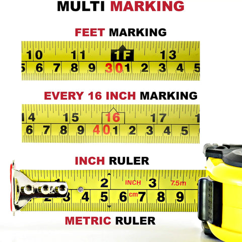 33 Ft Tape Measure With Magnetic Hooks And Fraction Markings showing multi markings, feet, inch, and metric scales