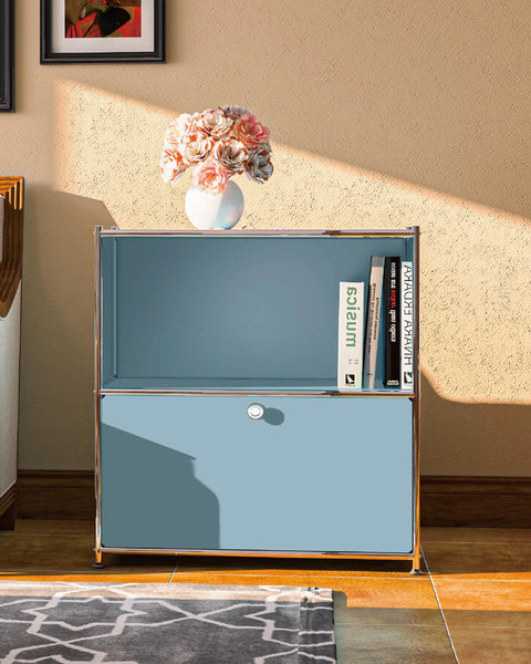 Front view of 32.5 Inch Flip Top Side Table With Detachable Wheels And Large Storage, Buffet Cabinet, Corner Bookshelf, Wall Shelf, Cube Organizer And Bedside Table For Modern Home Decor In Blue placed in living room.