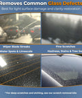 Image showcasing common glass defects such as wiper blade streaks, fine scratches, and water spots. Real Deal Cerium Oxide Glass Polishing Powder For Heavy Duty Windshield Scratch Removal And Auto Window Restoration 3.5 Micron Pro Blend That Definitely Knocks Out Scuffs And Boasts A Legit Factory Fresh Shine.