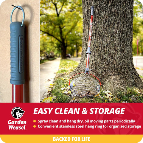 Workhorse Yard Cleanup Roller With Roomy Collection Bin that Snags Walnuts Apples And Tennis Balls Straight Away against a tree.