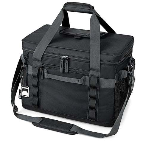 Epically Spacious Collapsible Soft Cooler Bag, 60 Can Leakproof Insulated Tote in solid black with straps.