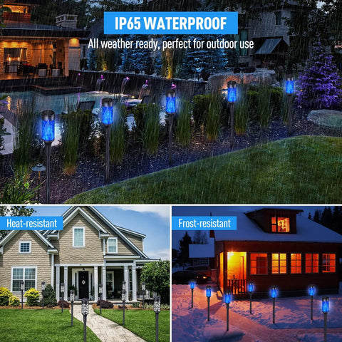 8 Pack Blue Solar Torch Lights With Lit Flickering Flame For Outdoor Decor Waterproof Garden Yard Pathway Porch Festival Lighting Adjustable 18 To 25 Inch Height in various weather conditions