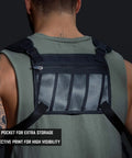 Back view of Water Resistant Running Vest Chest Pack with phone holder, featuring reflective details and extra storage