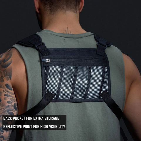 Back view of Water Resistant Running Vest Chest Pack with phone holder, featuring reflective details and extra storage