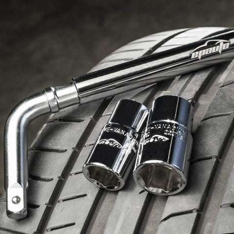 Telescoping Lug Wrench With 1/2 Inch Drive And 17mm 19mm 21mm 22mm Sockets, Heavy Duty Cr-V Steel, shown on a tire