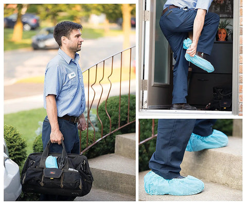 Person wearing slip resistant disposable boot and shoe covers blue large 50 pairs pack pro grade heavy duty non woven 35G