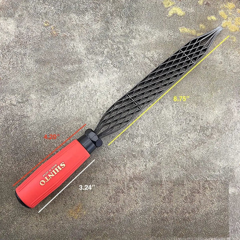 Top Notch Japanese Wood Rasp With Double Sided Grit For Quick Shaping Heavy Duty Steel Blade shown with measurements on a surface.