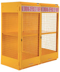 Heavy Duty Workhorse Steel LP Cylinder Storage Cabinet Built Straight Up Tough For Sixteen Gas Tanks With Lockable Doors And Osha Compliant Flammable Signage 32 X 60 X 68 Inch Yellow with mesh panels and no smoking signage.