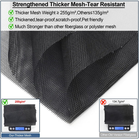 Close-up of Heavy Duty Magnetic Screen Door mesh, showing reinforced 255g/m2 material with tear-resistant properties and weight comparison.