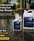 Two bottles of Wet Look Stone Sealer for Pavers and Surfaces displayed on a reflective patio near a garden and water feature.