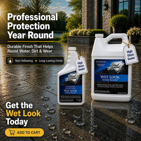 Score Some Serious Shine With This Heavy Duty Wet Look Stone Concrete Sealer That Transforms Cracked Pavers And Patios Into A Show Stopper While Locking Out Moisture Damage In This 4 Oz Trial Pack, shown in 1-gallon container outdoors.