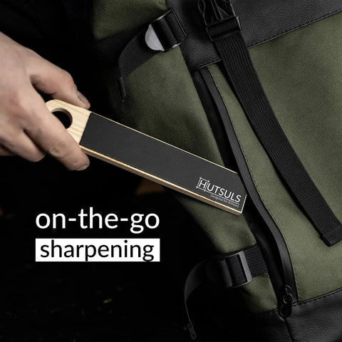 Person using Pocket Knife Strop Kit On The Go Sharpening With Leather Strop And Stropping Compound Portable Strop Block on backpack
