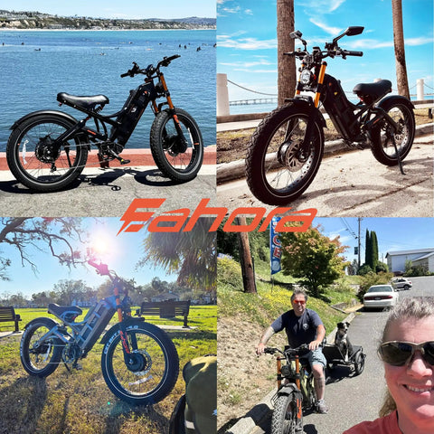 Badass 5600W Dual Motor Fat Tire Electric Mountain Bike For Adults With 60V 80Ah Long Range Battery Pushing 240 Miles At A Crazy 50 Mph Top End Full Air Suspension And Beefy Hydraulic Brakes Gray Includes Rack parked by the water.
