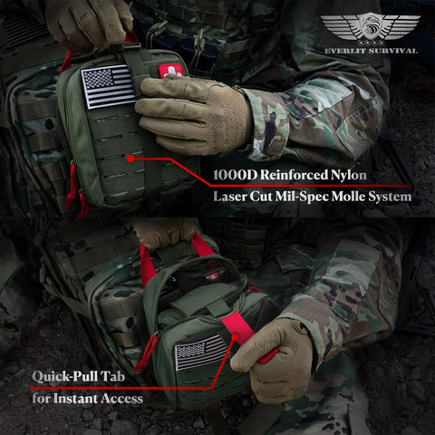 Everlit Advanced Emergency Trauma Kit in OD Green with 1000D reinforced nylon MOLLE pouch and quick-pull tab