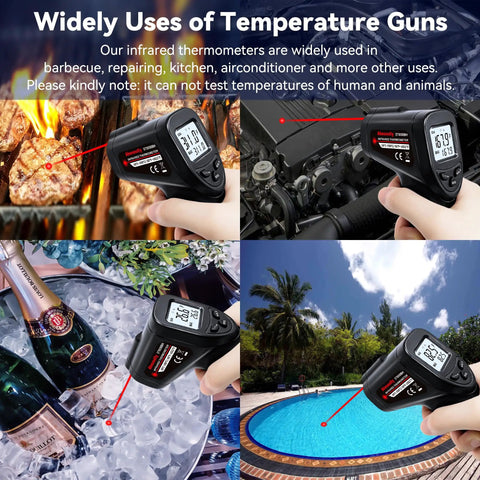 Non-Contact Infrared Thermometer Gun With Backlit Display, Instant Read From -50C To 550C, 12 To 1 Distance Spot Ratio, Adjustable Emissivity, Go-To Handheld Laser IR Thermometer For Home, Kitchen, Automotive, Black measuring grill, engine, ice, and pool temperatures