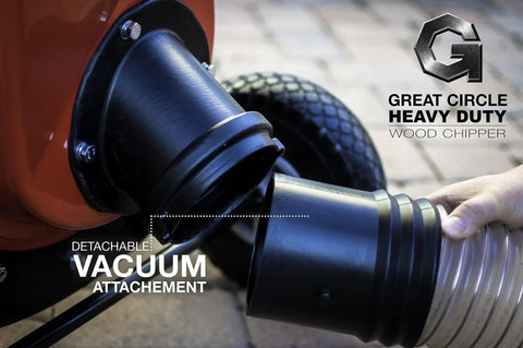 Heavy Duty 4 Inch By 10 Foot Leaf Vacuum Kit With Mulcher Shredder Attachment being attached to a wood chipper inlet.