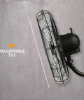 Side view of High Velocity Oscillating Metal Wall Mount Fan with adjustable tilt, showing black metal chassis.