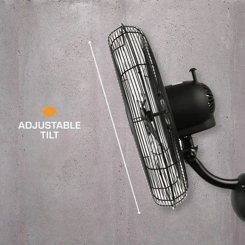 Side view of High Velocity Oscillating Metal Wall Mount Fan with adjustable tilt, showing black metal chassis.
