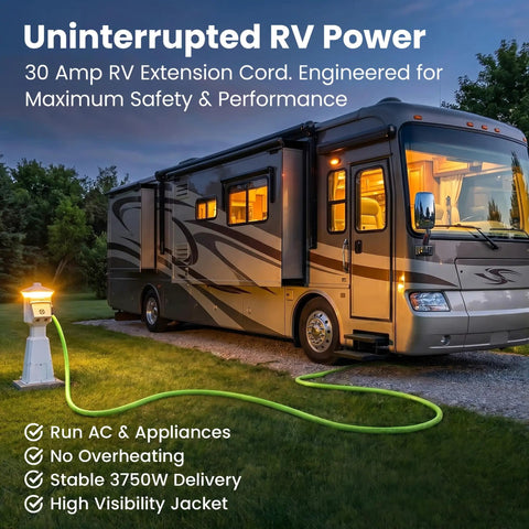 30 Amp RV Power Cord 100 Ft Heavy Duty Waterproof TT-30P To TT-30R Extension Cable For Campers And Travel Trailers Reaches Any Pedestal At Campgrounds No Adapters Needed, green cord to RV
