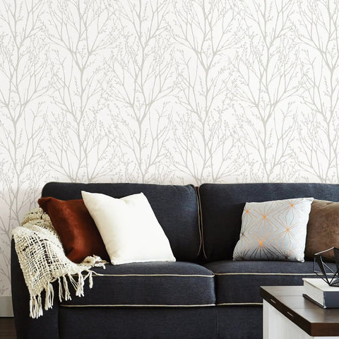 Living room featuring Treetops Peel And Stick Wallpaper In White And Off White, Removable Wall Covering For Easy DIY Decor, Repositionable.