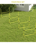 Four Piece Adjustable Dog Agility Jump Set Training Kit with Portable Carry Bag For All Sizes Easy Height Adjustments Park Ready Outdoor Practice Yellow on grass