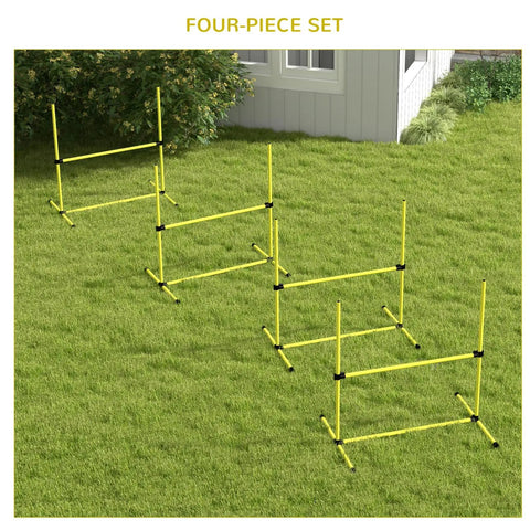 Four Piece Adjustable Dog Agility Jump Set Training Kit with Portable Carry Bag For All Sizes Easy Height Adjustments Park Ready Outdoor Practice Yellow on grass