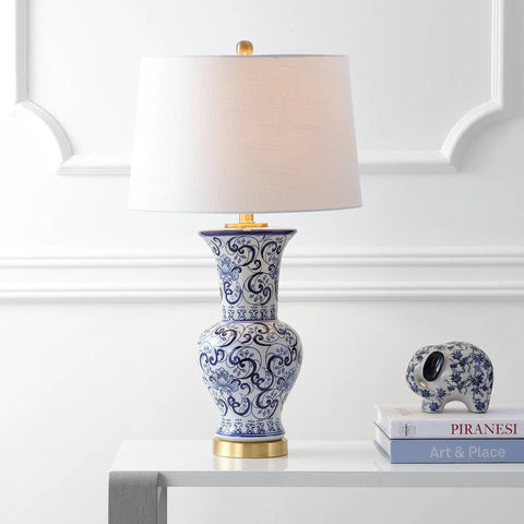 Blue And White Chinoiserie Ceramic LED Table Lamp With White Linen Shade Hand Painted Floral Vase Style For A Cozy Living Room Vibe Traditional Decor ETL Listed UL Safety LED Bulb Included on white table
