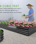 Woman standing by 2 Pack Galvanized Raised Garden Bed Kit 12 Ft Long 2 Ft Wide 1 Ft High Backyard Ready Planter Boxes