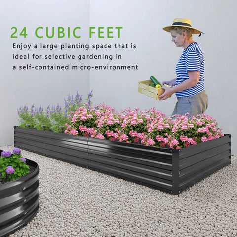 Woman standing by 2 Pack Galvanized Raised Garden Bed Kit 12 Ft Long 2 Ft Wide 1 Ft High Backyard Ready Planter Boxes
