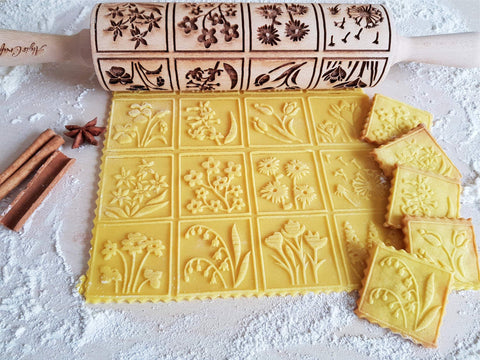 Spring Flowers Embossing Rolling Pin With 16 Floral Squares For Dough And Clay imprinting intricate patterns on dough