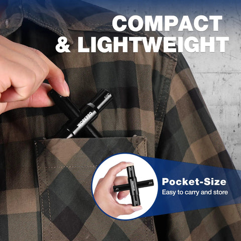 Person placing Heavy Duty 4 Way Water Key Set into plaid shirt pocket, showcasing compact and lightweight design from WORKPRO.
