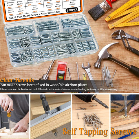 288 Piece Wood And Sheet Metal Screws Kit With Phillips Drive Pan And Flat Head Assortment Marine Grade Carbon Steel Includes Sizes Four To Ten In Three Eighths Inch To Two Inches Lengths For Indoor And Outdoor Projects displayed in storage case with tools.
