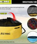 Four Pack Waterproof RV Hose Bags And Utility Storage Set with mesh top, yellow bag labeled 'Electric'
