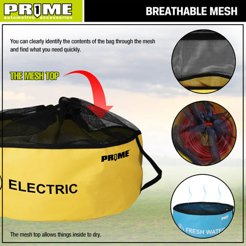 Four Pack Waterproof RV Hose Bags And Utility Storage Set with mesh top, yellow bag labeled 'Electric'