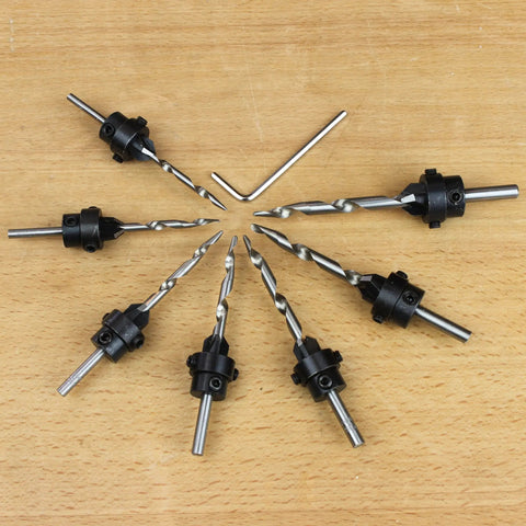 7-Piece Tapered Drill And Countersink Set For Clean, Flush Or Countersunk Holes In Hard Wood arranged on wooden surface